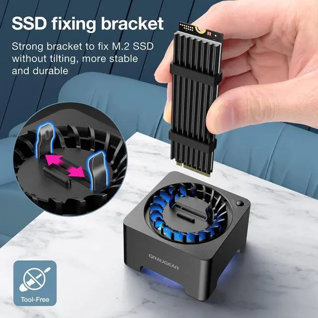 Alt view image 7 of 7 - M.2 NVMe SATA PCIe SSD Enclosure Adapter Docking Station with Cooling Fan, USB3.2 Gen2 10Gbps External Case USB C, Support UASP and Trim, M2 NGFF M Key B+M Key, RTL9210B Chipset Black -