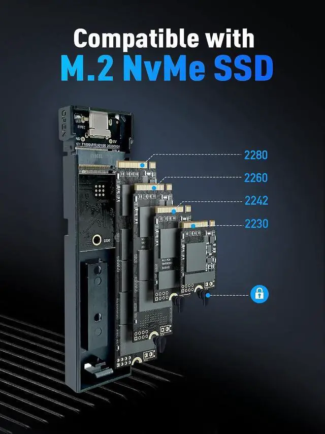 Alt view image 3 of 7 - M.2 NVMe SSD Enclosure, V  Tool-Free USB C External NVMe SSD Enclosure, M.2 NVMe to USB Adapter, USB 3.2 Gen2 (10Gbps) Supports UASP, Trim, M-Key(B+M Key) and Size in 2230/2242 /2260/2280 SSDs