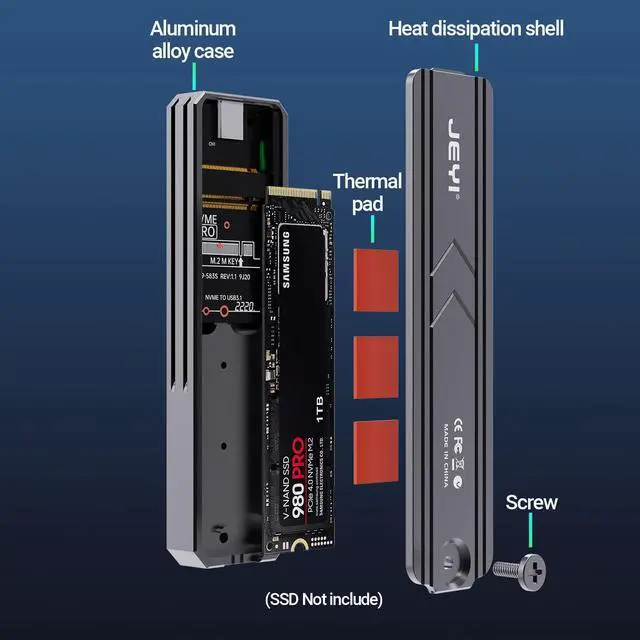 Alt view image 3 of 6 - M.2 Enclosure USB 3.2 Gen 2 10Gbps M.2 NVMe SSD Enclosure NVME PCI-E M-Key External SSD Enclosure Support UASP Trim (Fits only NVMe PCIe 2242/2260/2280 JMS583A3)
