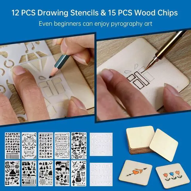 Alt view image 3 of 7 - Pyrography Pen 2-IN-1 Wood Burning Kit 101-IN-1,200~480°C (withTemp Display)/Wire-Nib 250~750°C Temp adjustable with 20 Nibs,53 Solid Points,12 Stencils and 15 Wood Chip(Christmas gift