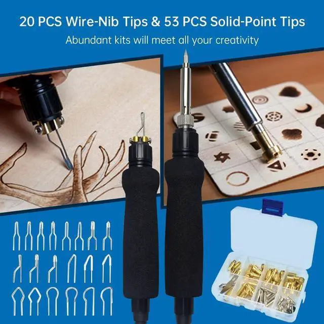 Alt view image 4 of 7 - Pyrography Pen 2-IN-1 Wood Burning Kit 101-IN-1,200~480°C (withTemp Display)/Wire-Nib 250~750°C Temp adjustable with 20 Nibs,53 Solid Points,12 Stencils and 15 Wood Chip(Christmas gift