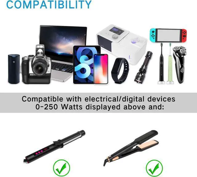Alt view image 6 of 6 - Universal 100V-220V Travel Converter, 250W Travel Voltage Converter for curlers, straighteners, Chargers, Power Plugs with 2 USB 2 Type-c Charging Ports and 3 AC Plugs, Including A,C,D,G,I,L Type