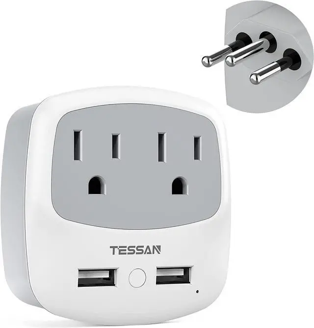 Main image of TESSAN Brazil Power Adapter, US to Brazil Plug Adaptor with 2 American Outlets and 2 USB Charging Ports, Type N Travel Adapter for USA to Brazilian Brasil