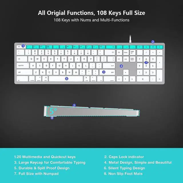 Alt view image 3 of 7 - Wired Keyboard for Mac,Plug Play Full Size USB Wired Computer Keyboard,Compatible Apple Keyboard with 20 Multimedia Shortcut Keys, Caps Indicator,Spill-Resistant,Anti-Wear Letters,for All Mac Devices