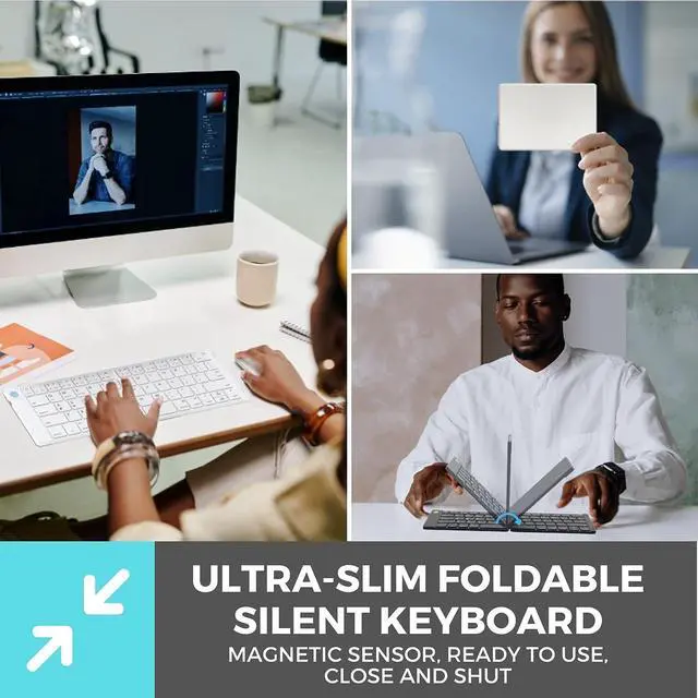 Alt view image 4 of 6 - Wireless Foldable Portable Keyboard Mouse Combo: Bluetooth Ultra Slim Travel Keyboard and 2-in-1 Sliding Mouse with Protective Stand Case, Multi-Device Compatible with iPad iMac iPhone Windows Android