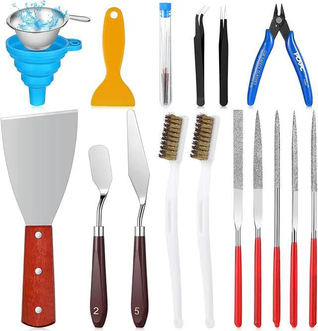 Main image of 25 Pcs 3D Printer Tools Kit 3D Printing Accessories Include 2 Wire Brush 1 Putty Knife 1 Plastic Shovel 5 Diamond Files 2 Tweezer 10 Needles 1 Plier 1 Funnel 2 Scraper for Cleaning Removing Finishing
