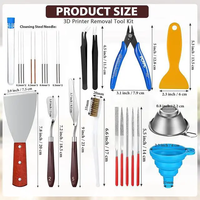 Alt view image 2 of 7 - 25 Pcs 3D Printer Tools Kit 3D Printing Accessories Include 2 Wire Brush 1 Putty Knife 1 Plastic Shovel 5 Diamond Files 2 Tweezer 10 Needles 1 Plier 1 Funnel 2 Scraper for Cleaning Removing Finishing
