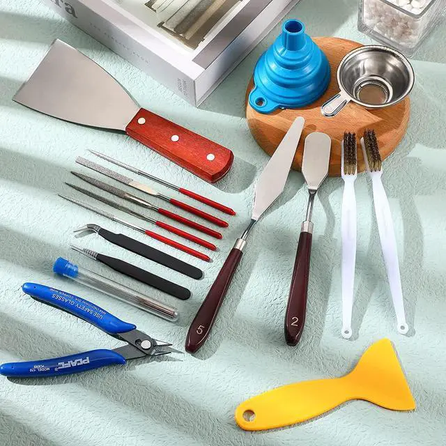 Alt view image 7 of 7 - 25 Pcs 3D Printer Tools Kit 3D Printing Accessories Include 2 Wire Brush 1 Putty Knife 1 Plastic Shovel 5 Diamond Files 2 Tweezer 10 Needles 1 Plier 1 Funnel 2 Scraper for Cleaning Removing Finishing