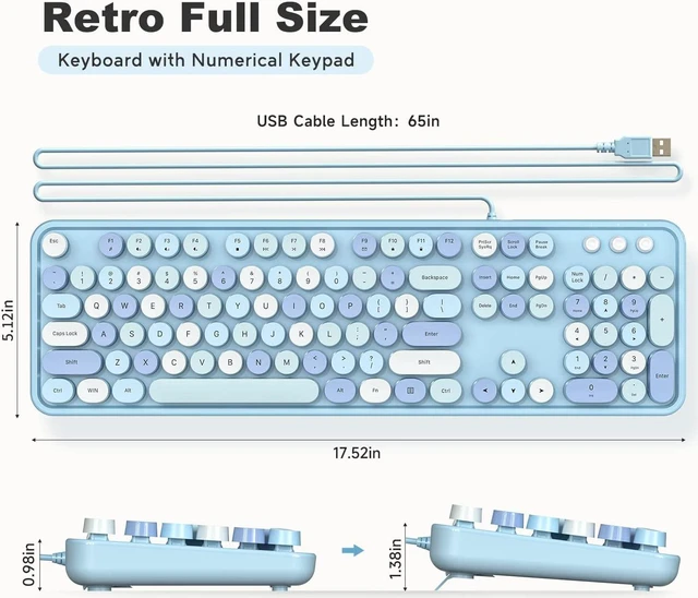 Alt view image 6 of 7 - MOWUX Computer Keyboard Wired, Plug Play USB Retro Round Typewriter Keyboard, Full Size Wired Keyboard with Foldable Stands for Laptop and Office PC - Blue Colorful