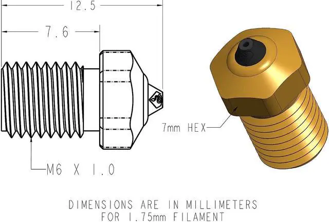 Alt view image 3 of 7 - Diamondback Nozzles  V6 Compatible  Polycrystalline Solid Diamond Tip 3D Printer Nozzles, Improved Extrusion, Any Filament, Long Life, Wear Resistant, Layer Adhesion, USA Made (1.75mm x 0.4mm)
