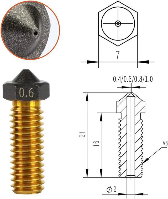 Alt view image 7 of 7 - IdeaFormer-3D 10Pcs Volcano PTFE Nozzles 0.4/0.6/0.8/1.0 Hotend Extruder PTFE Volcano Nozzle for Artillery Genius, Sidewinder X1, X2, for Anycubic Vyper, Kobra Plus/Max, for Flsun V400/Super Racer
