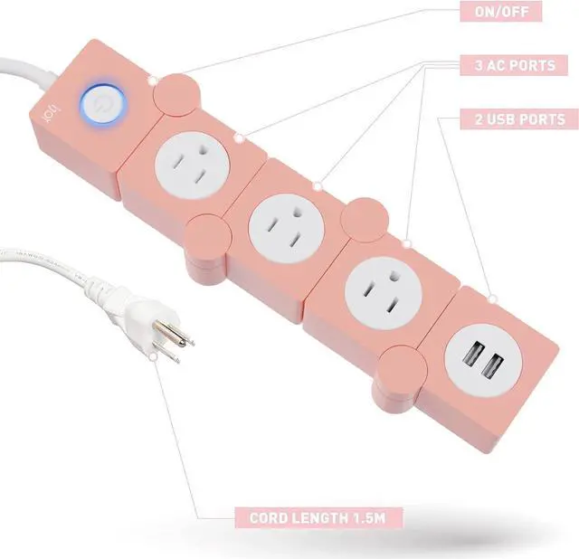 Alt view image 2 of 7 - iJoy Flexible Power Strip - 3 AC Outlets and 2 USB Charging Ports with Pink Extension Cord, Power Strips with Surge Protection, Decorative Surge Protector Outlet Extender for Home, Office, and More