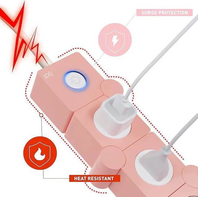 Alt view image 4 of 7 - iJoy Flexible Power Strip - 3 AC Outlets and 2 USB Charging Ports with Pink Extension Cord, Power Strips with Surge Protection, Decorative Surge Protector Outlet Extender for Home, Office, and More