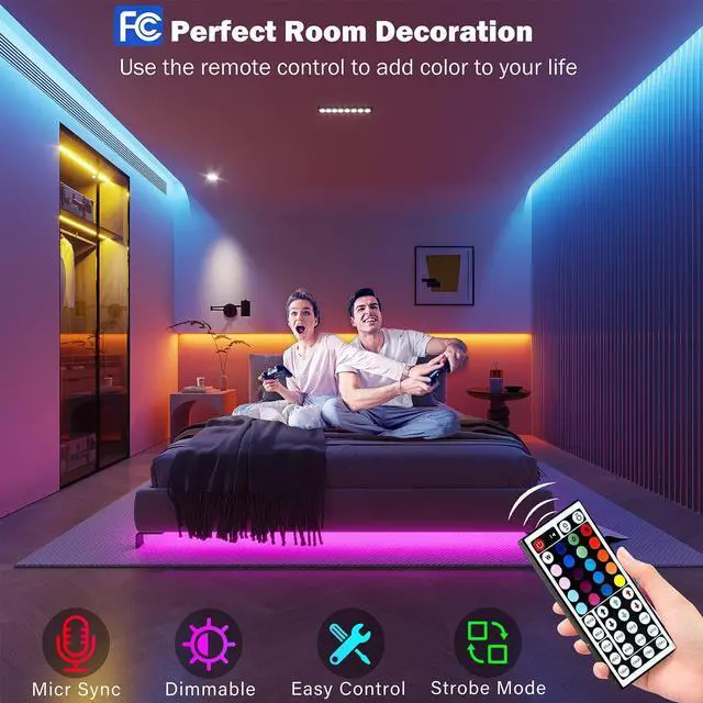 Alt view image 3 of 6 - Led Lights for Bedroom 100 ft (2 Rolls of 50ft) Music Sync Color Changing RGB Led Strip Lights with Remote App Control Bluetooth Led Strip Lights for Room Home Kitchen Party Decor