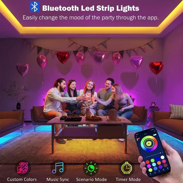 Alt view image 2 of 6 - Led Lights for Bedroom 100 ft (2 Rolls of 50ft) Music Sync Color Changing RGB Led Strip Lights with Remote App Control Bluetooth Led Strip Lights for Room Home Kitchen Party Decor