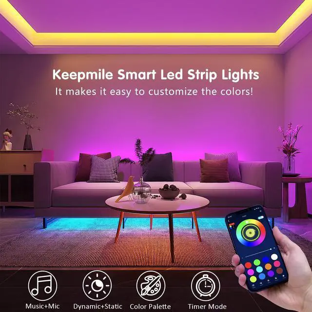 Alt view image 4 of 7 - 100ft Led Strip Lights (2 Rolls of 50ft) Bluetooth Smart App Control Music Sync Color Changing RGB Led Light Strip with Remote Led Lights for Bedroom Room Home Decor Party Festival