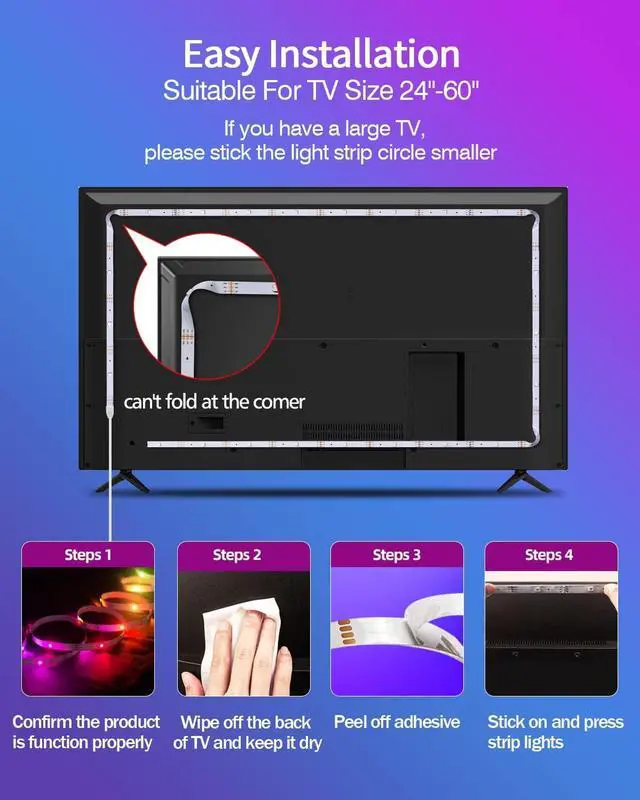 Alt view image 6 of 7 - LED Lights for TV 9.8FT TV Led Backlight Behind Lights for 32-60inch USB Led Light Strip Glow RGBICW Color Changing Sync with Music Bluetooth APP Control Led Lighting for Bedroom