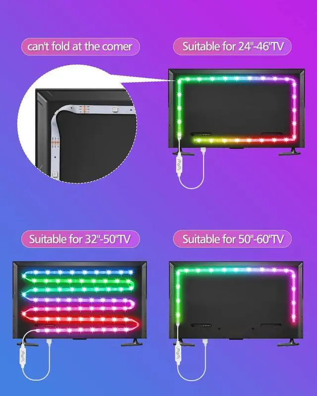 Alt view image 5 of 7 - LED Lights for TV 9.8FT TV Led Backlight Behind Lights for 32-60inch USB Led Light Strip Glow RGBICW Color Changing Sync with Music Bluetooth APP Control Led Lighting for Bedroom