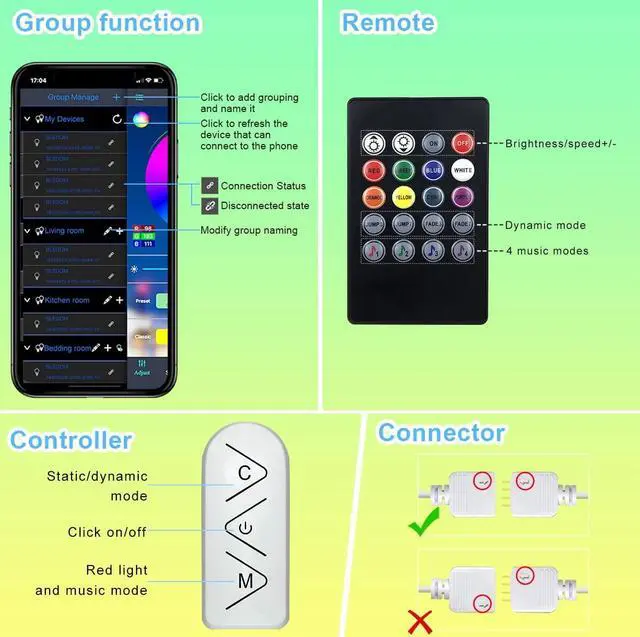 Alt view image 7 of 7 - 16ft/5M Led Strip Lights Controller and Bluetooth APP Controlled Rope Lighting for Bedroom Home Decoration Music Sync Color Changing RGB LED Lights with Remote Indoor