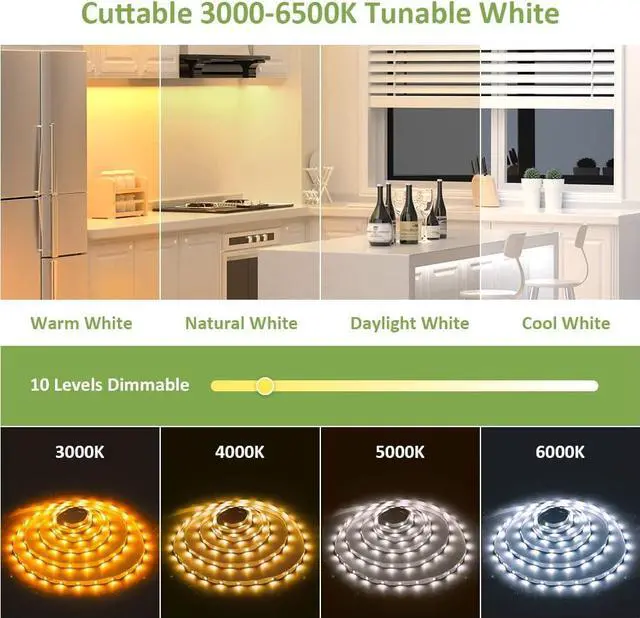 Alt view image 3 of 7 - 20ft Tunable White LED Strip Light Kit Dimmable 3000K-6500K 24V Tape Light with RF Remote Flexible Rope LED Ribbon for Bedroom Home Lighting Mirror Kitchen Bar Cabinet Daylight Warm White