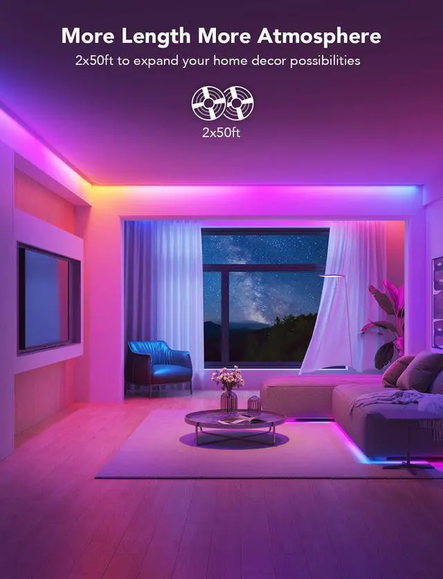 Alt view image 2 of 7 - 100ft RGBIC LED Strip Lights Smart LED Lights Work with Alexa and Google Assistant LED Lights for Bedroom WiFi App Control Segmented DIY Multiple Colors Color Changing Light (2 x 50ft)