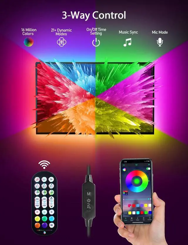 Alt view image 2 of 6 - LED Lights for TV Led Backlight 9.84 RGB Led Strip Lights USB TV Lights Behind 32-43 TV APP Remote Control Music Sync TV LED Lights
