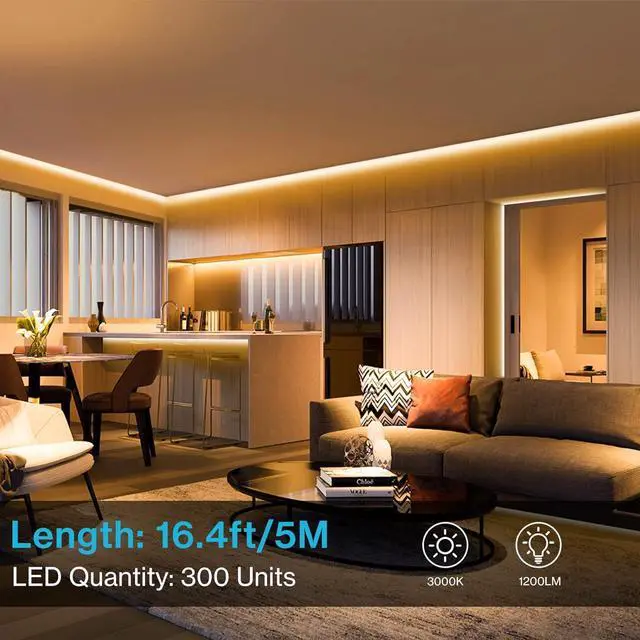 Alt view image 2 of 7 - 16.4ft LED Strip Lights Warm White Dimmable LED Rope Light Kit 12V Flexible Under Cabinet Lighting Strips 5m 300 LEDs 2835 3000K Bright Led Lights for Bedroom UL Listed Plug
