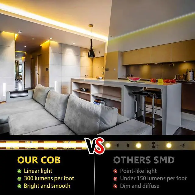 Alt view image 2 of 7 - COB LED Strip Lights Warm White 32.8ft 3000K 24V Dimmable Tape Light Premium High Density 305LM+/ft 4800LEDs Ra 90+ 3W/FT UL Listed for Cabinets Shelves(Power Supply Sold Separately)