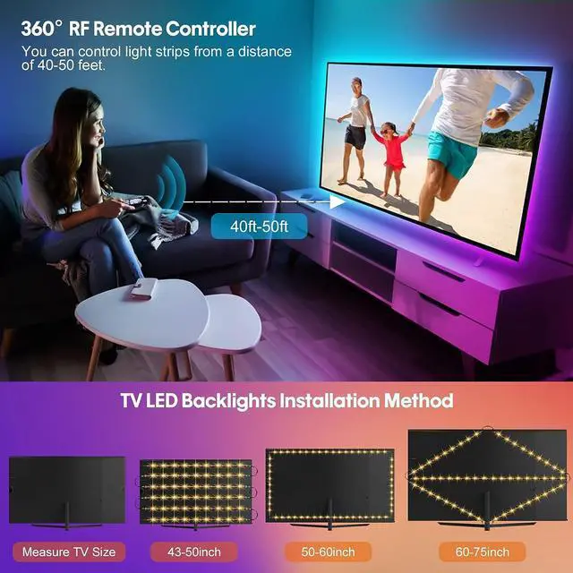 Alt view image 4 of 6 - LED Strip Lights 10ft 6 Pre-cut 1.64ft RGB LED Lights for 43-65 Inch TV App Control TV LED Backlight with Remote Music Sync USB Bias Lighting LED Strip Lights for Bedroom PC Monitor Mirror Cabinet