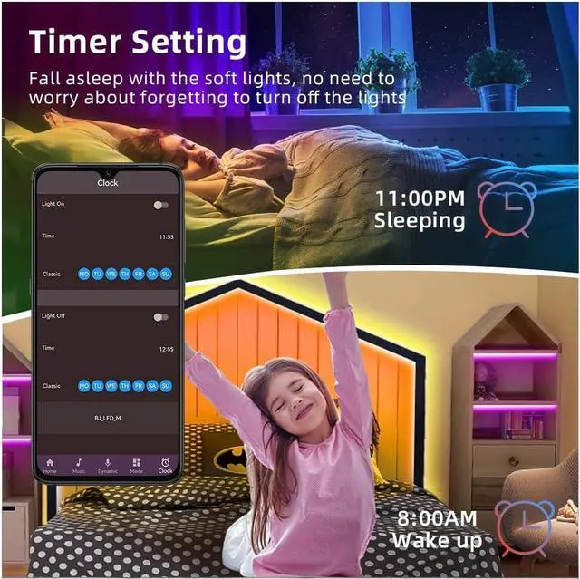 Alt view image 6 of 7 - Led Strip Lights Battery Powered 32ft USB Led Light Strip with Music Sync App Control Remote RGB Color Changing Battery Operated LED Lights for Bedroom TV Home and DIY Decoration