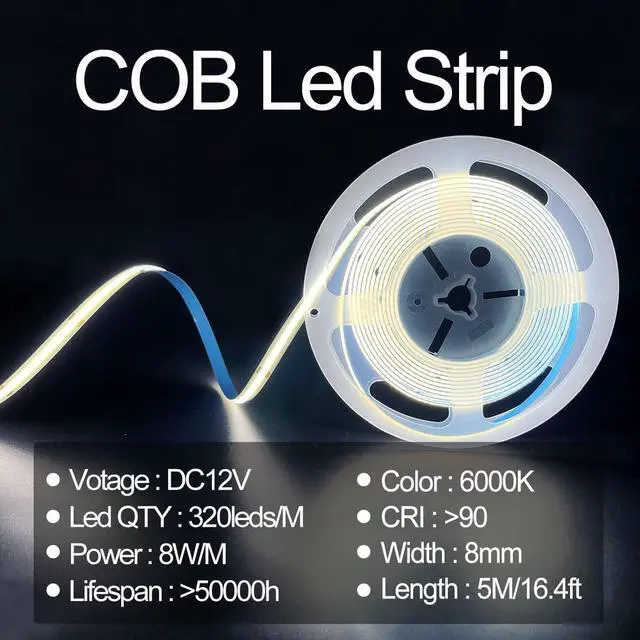 Alt view image 2 of 6 - COB LED Strip Lights White 6000K DC12V 16.4ft/5M 320leds/M CRI90 Flexible LED Tape Lights 8mm for Indoor Home Cabinet Bedroom Kitchen Stage Backlight DIY Lighting(Without Power Supply)