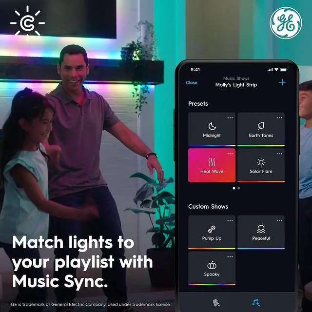 Alt view image 4 of 7 - GE Dynamic Effects Smart LED Light Strip with Music Sync Color Changing WiFi Lights Indoor Light Strip Compatible with Alexa and Google Home 16ft and Power Supply