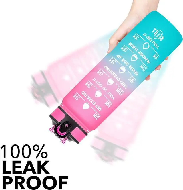 Alt view image 3 of 7 - Hyeta Water Bottle with Straw & Time Marker, Plastic 32oz Leakproof | Motivational Tritan BPA Free Gym Office Outdoor Intake Tracker Hourly Reminder Straw Lid Carry Strap