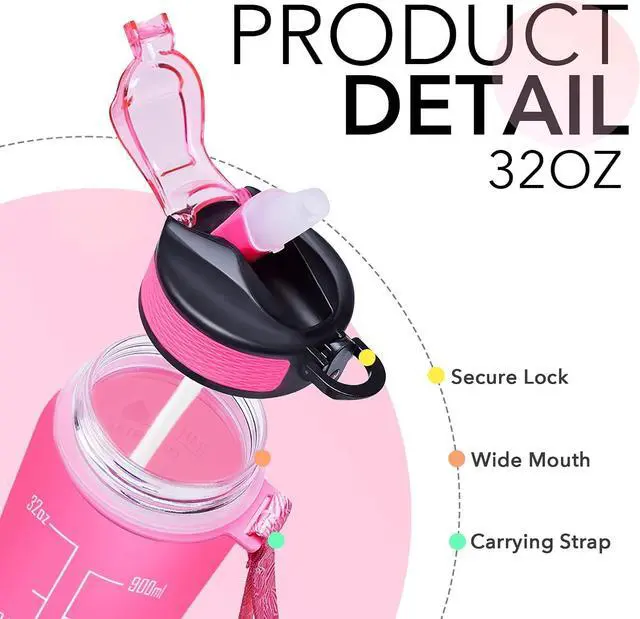 Alt view image 4 of 7 - Hyeta Water Bottle with Straw & Time Marker, Plastic 32oz Leakproof | Motivational Tritan BPA Free Gym Office Outdoor Intake Tracker Hourly Reminder Straw Lid Carry Strap