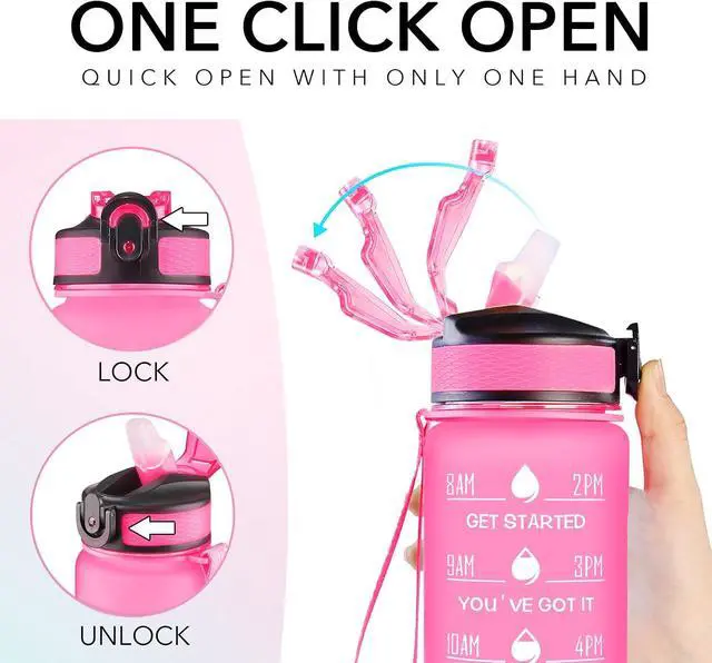 Alt view image 5 of 7 - Hyeta Water Bottle with Straw & Time Marker, Plastic 32oz Leakproof | Motivational Tritan BPA Free Gym Office Outdoor Intake Tracker Hourly Reminder Straw Lid Carry Strap