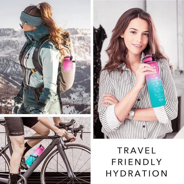 Alt view image 7 of 7 - Hyeta Water Bottle with Straw & Time Marker, Plastic 32oz Leakproof | Motivational Tritan BPA Free Gym Office Outdoor Intake Tracker Hourly Reminder Straw Lid Carry Strap