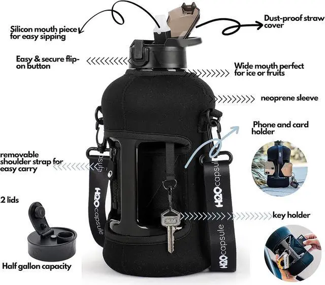 Alt view image 2 of 7 - H2O Capsule 2.2L Half Gallon Water Bottle with Storage Sleeve and Covered Straw Lid  BPA Free Large Reusable Drink Container with Handle - Big Sports Jug, 2.2 Liter (74 Ounce)
