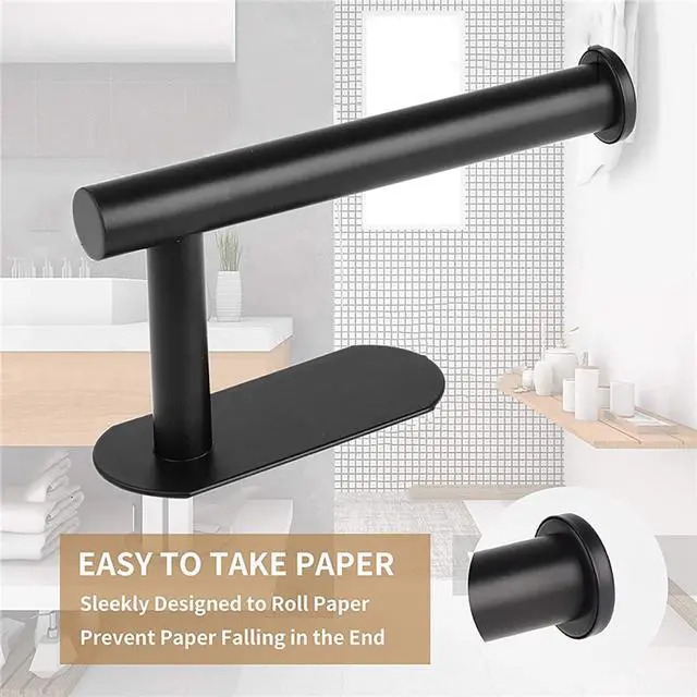 Alt view image 3 of 7 - Toilet Paper Holder - Self Adhesive Toilet Paper Holder Wall Mount for Bathroom SUS 304 Stainless Steel Command Strip Toilet Paper Roll Holder Stick On Wall No Drilling - Matte Black