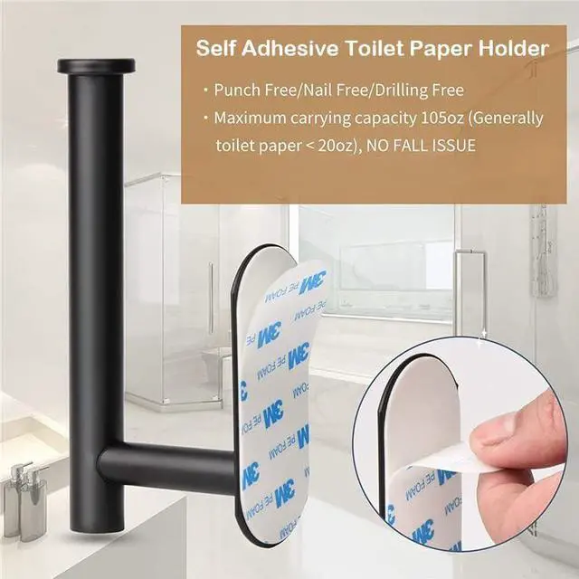 Alt view image 4 of 7 - Toilet Paper Holder - Self Adhesive Toilet Paper Holder Wall Mount for Bathroom SUS 304 Stainless Steel Command Strip Toilet Paper Roll Holder Stick On Wall No Drilling - Matte Black