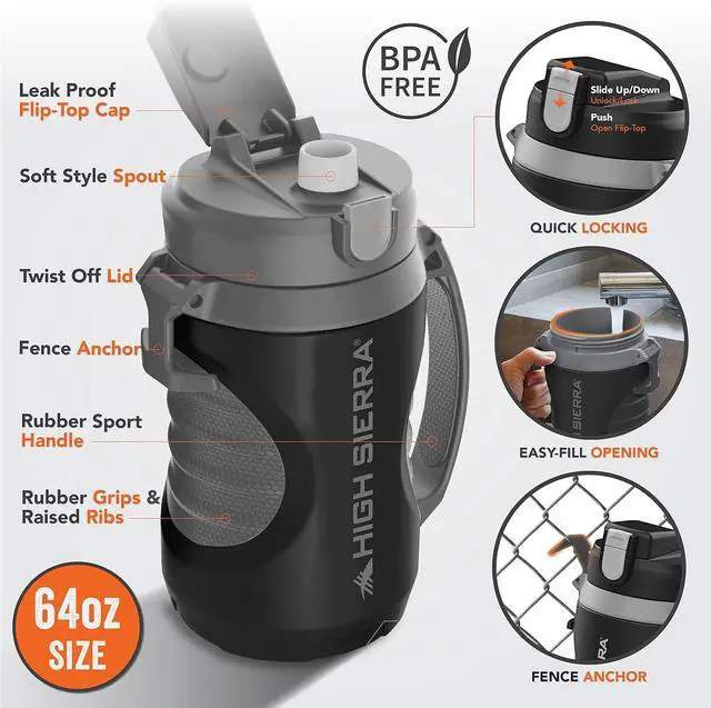 Alt view image 5 of 6 - HIGH SIERRA - [BPA FREE] 64 OZ Insulated Water Jug, [Silicone Spout  NO MORE TEETH BUMPS] Built-in Fence Anchor, Keeps Iced Water Cold for Hours, EXTRA LARGE Sports Bottle, Black