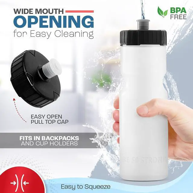 Alt view image 2 of 7 - 50 Strong Bulk Water Bottles | 24 Pack Sports Bottle | 22 oz. BPA-Free Easy Open with Pull Top Cap | Made in USA | Reusable Plastic Water Bottles for Adults & Kids | Top Rack Dishwasher Safe