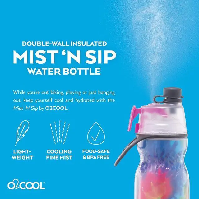 Alt view image 7 of 7 - O2COOL Mist 'N Sip Misting Water Bottle 2-in-1 Mist And Sip Function With No Leak Pull Top Spout Reusable Sports Water Bottle - 20 oz (Tie Dye/Celestial Purple)