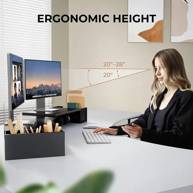 Alt view image 2 of 7 - LORYERGO Dual Monitor Stand, Laptop Stand with Storage Accessories Slots, Length and Angle Adjustable, Ergonomic Viewing Height