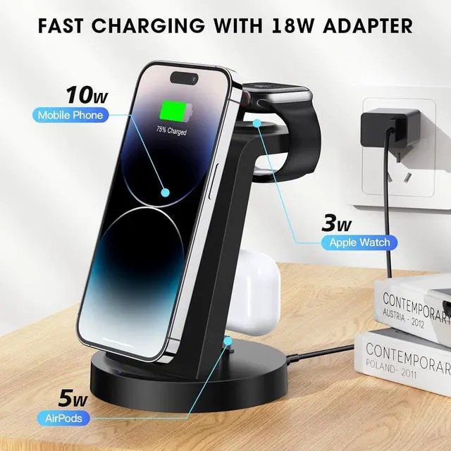 Alt view image 3 of 6 - 3 in 1 Charging Station for iPhone, Wireless Charger for iPhone 15 14 13 12 11 X Pro Max & Apple Watch - Charging Stand Dock for AirPods