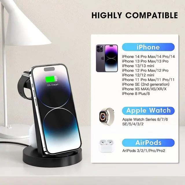 Alt view image 6 of 6 - 3 in 1 Charging Station for iPhone, Wireless Charger for iPhone 15 14 13 12 11 X Pro Max & Apple Watch - Charging Stand Dock for AirPods