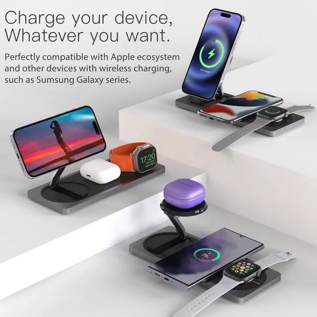 Alt view image 5 of 6 - 3 in 1 Wireless Charging Station for Apple Devices with MagSafe | For iPhone 17/Air/16/15/14/13/12, AirPods & Apple Watch, Foldable Portable Aluminum Charging Stand, Adapter Included