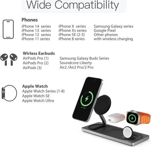 Alt view image 6 of 6 - 3 in 1 Wireless Charging Station for Apple Devices with MagSafe | For iPhone 17/Air/16/15/14/13/12, AirPods & Apple Watch, Foldable Portable Aluminum Charging Stand, Adapter Included