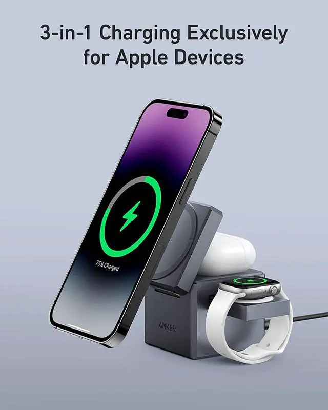Alt view image 3 of 7 - MagSafe Charger Stand,Anker 3-in-1 Cube with MagSafe, 15W Max Fast Charging Stand, Foldable Wireless Charger for iPhone 15/14/13,  Watch S1-8/Ultra, AirPods (30W USB-C Charger Included)