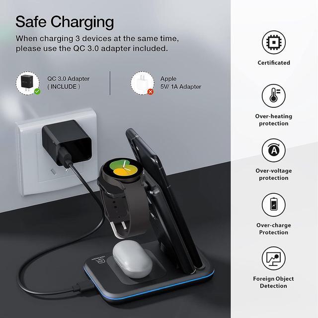 Alt view image 6 of 6 - Wireless Charger for /Android Foldable 3 in 1 Fast Charging Station/Stand/Multi Charger for  S25 Ultra/S24/Note 20 Travel Pad for Galaxy Watch 7/6/5/4/Active 2 For Buds(Black)