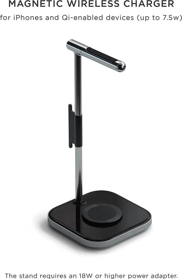 Alt view image 2 of 7 - Satechi 2-in-1 Headphone Stand with Wireless Charger  USB Type-C Output Port and Magnetic Wireless Charger  Compatible with iPhones 16/15/14/13/12 and Other Qi-Enabled Devices